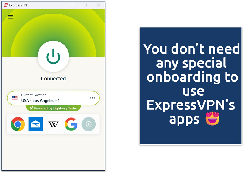 Screenshot of the ExpressVPN Windows app with an active connection to the USA - Los Angeles -1 server