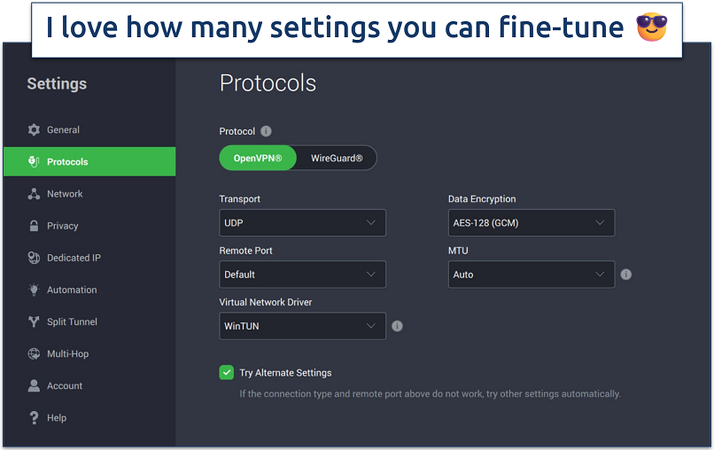 Screenshot of the PIA Windows app with its Protocols setting page